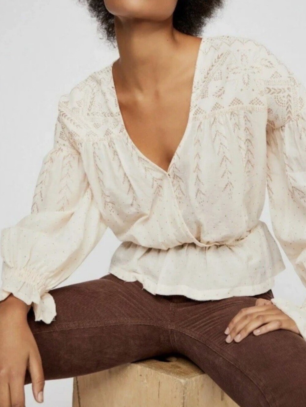 Free People Counting Stars Snowy Sand V-neck Peasant Ruffled Peplum Blouse Large - Picture 2 of 2